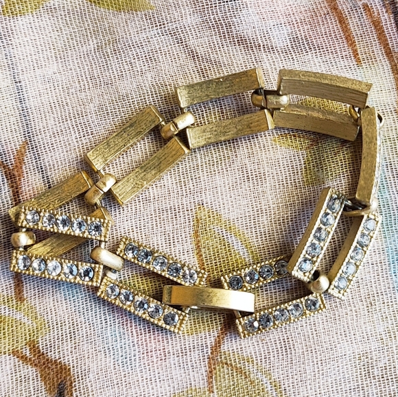 Unsigned Brass Tone Matte Clear Rhinestone Encrusted Rectangular Link Bracelet - Picture 11 of 14